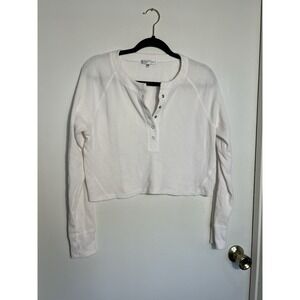 Fitz + Eddi White Waffle Knit Cropped Henley Shirt Long Sleeve Small Buckle
